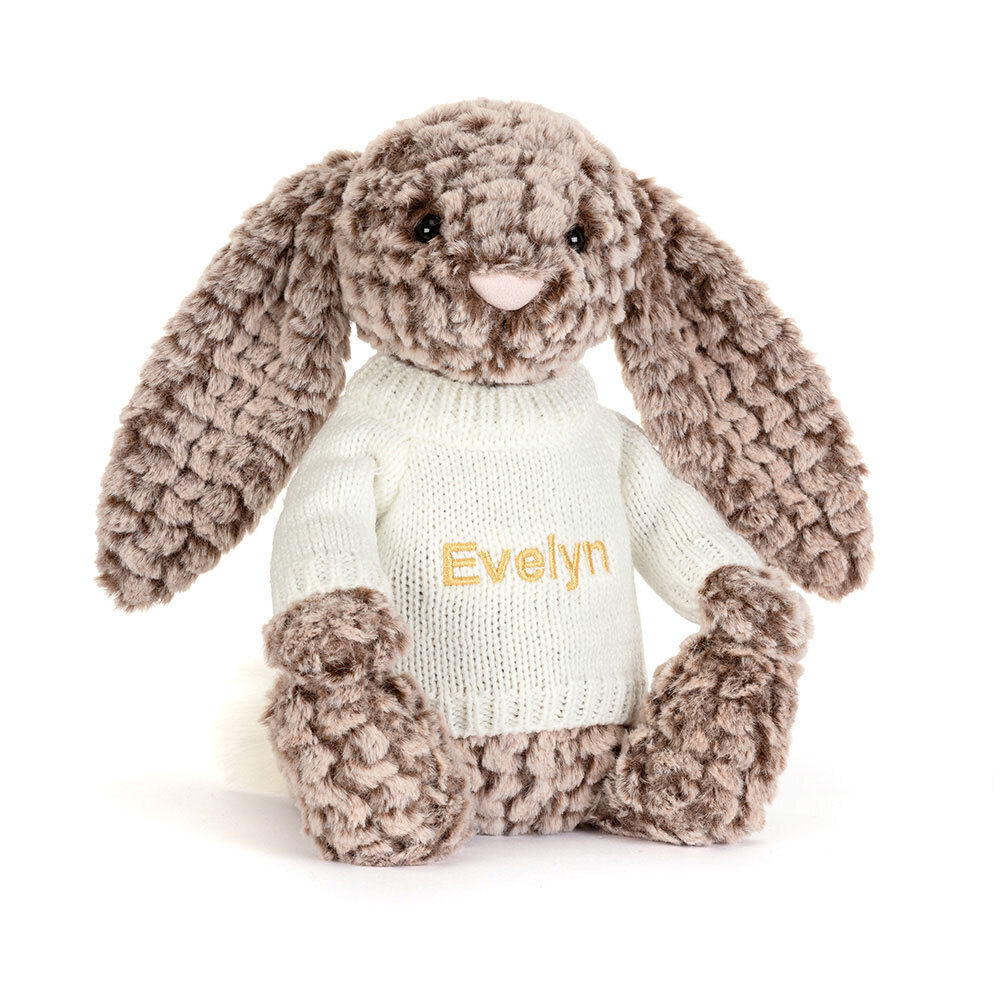 Bashful Luxe Bunny Pine with Personalised Cream Jumper