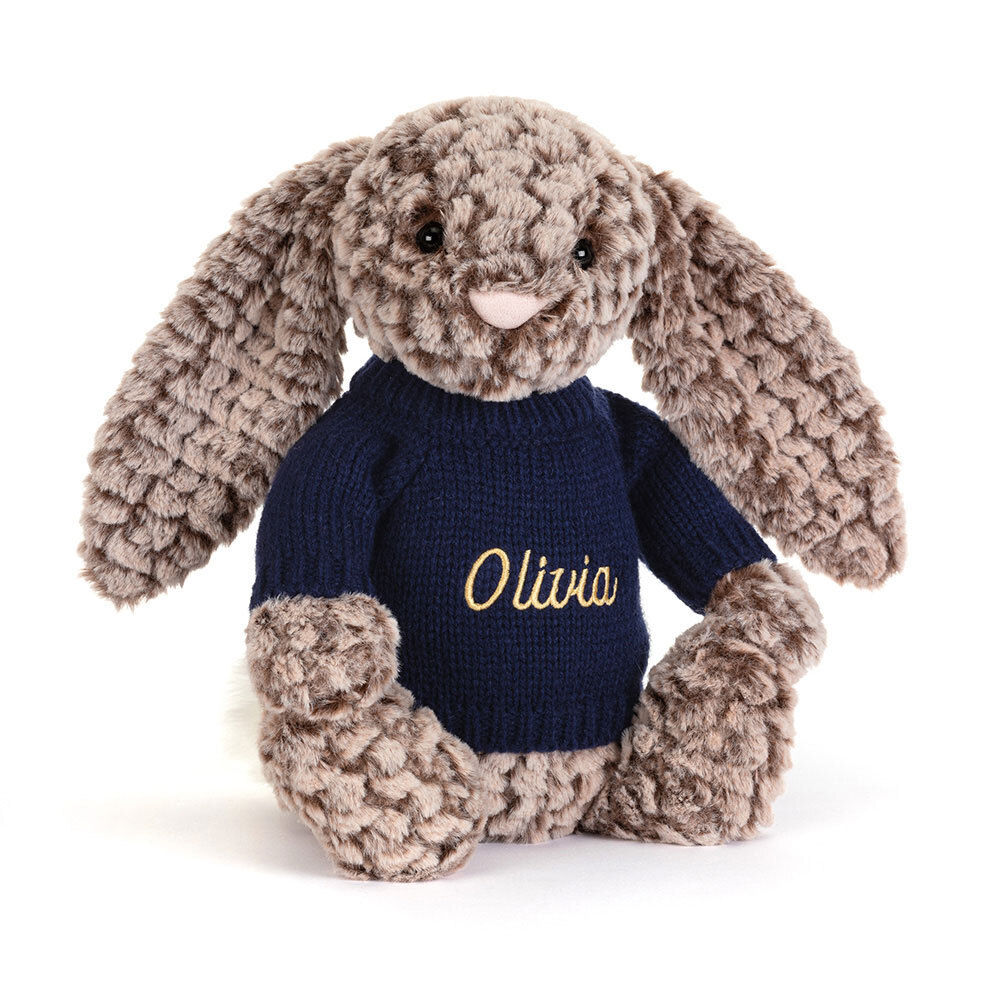 Bashful Luxe Bunny Pine with Personalised Navy Jumper