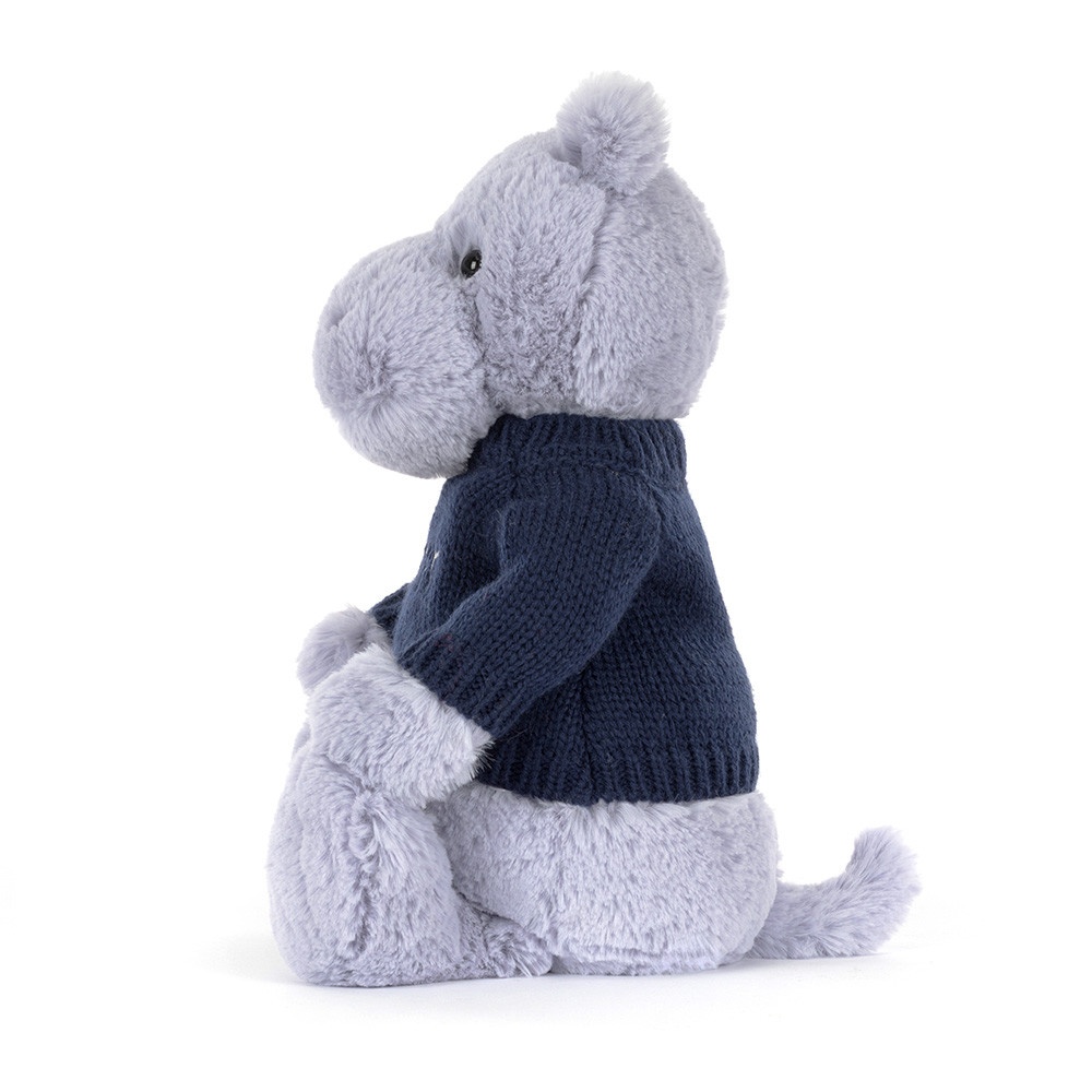 Alternative view of Bashful Hippo with Personalised Navy Jumper