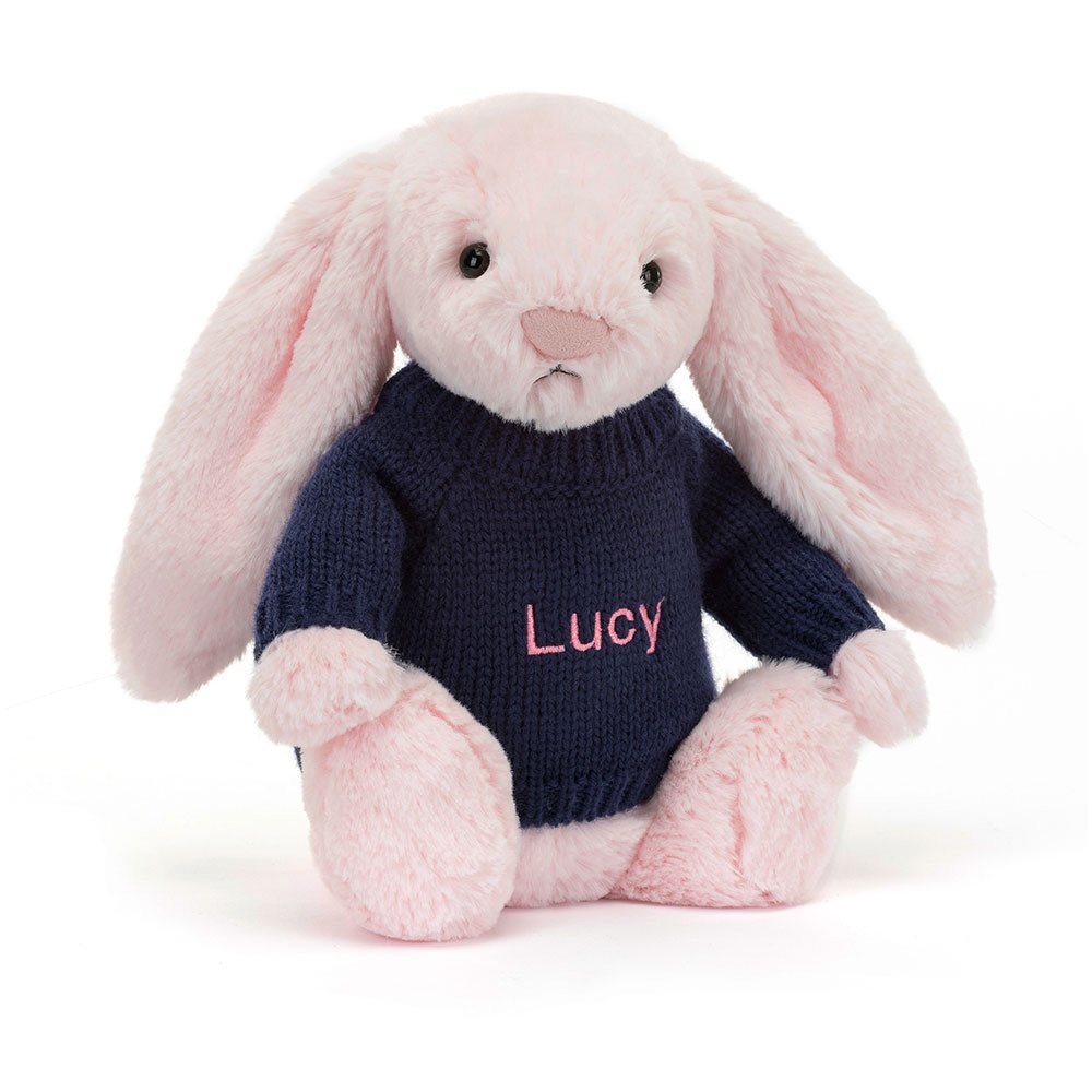 Bashful Pink Bunny with Personalised Navy Jumper