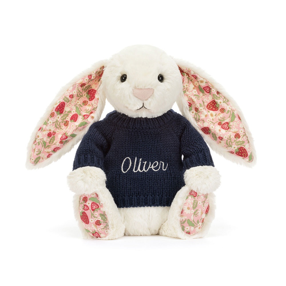 Blossom Cream Bunny 'Berry' with Personalised Navy Jumper - Image 5