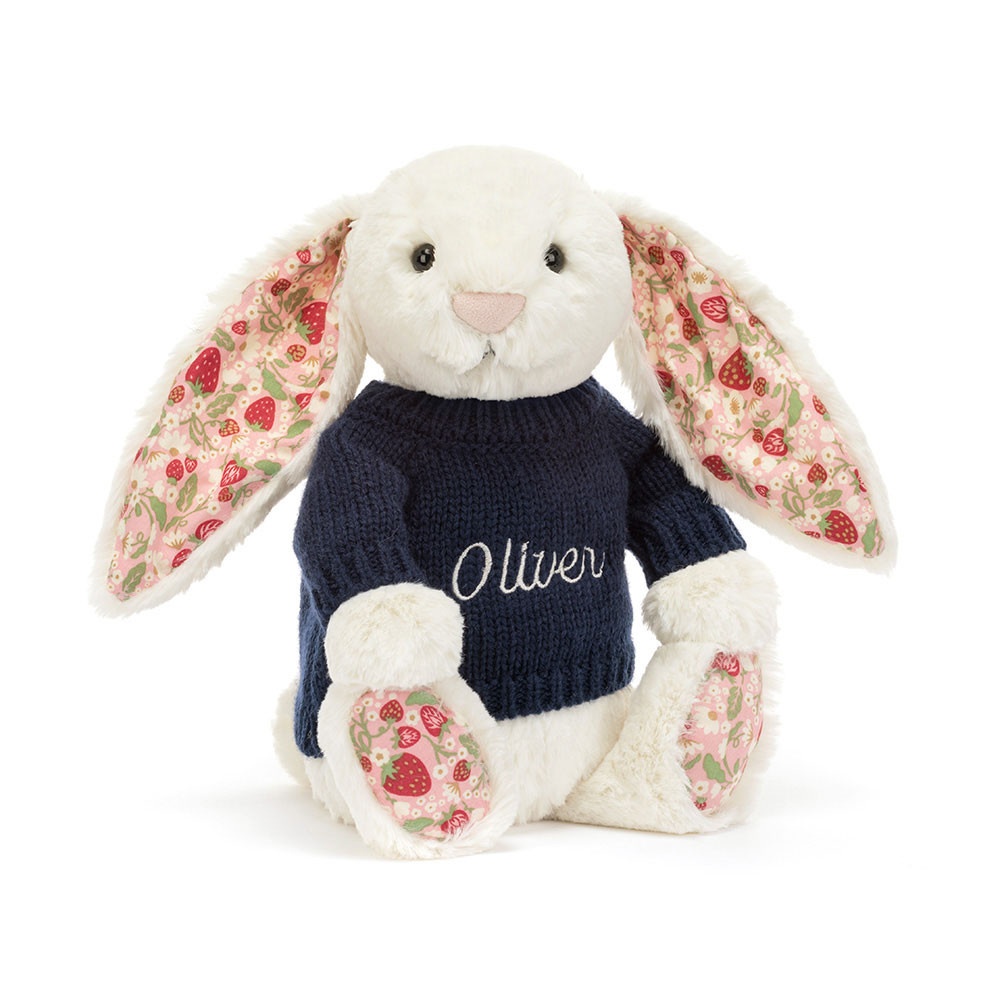 Blossom Cream Bunny 'Berry' with Personalised Navy Jumper