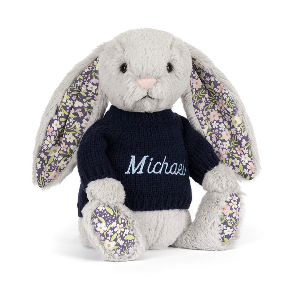 Blossom Silver Bunny 'Bloom' with Personalised Navy Jumper