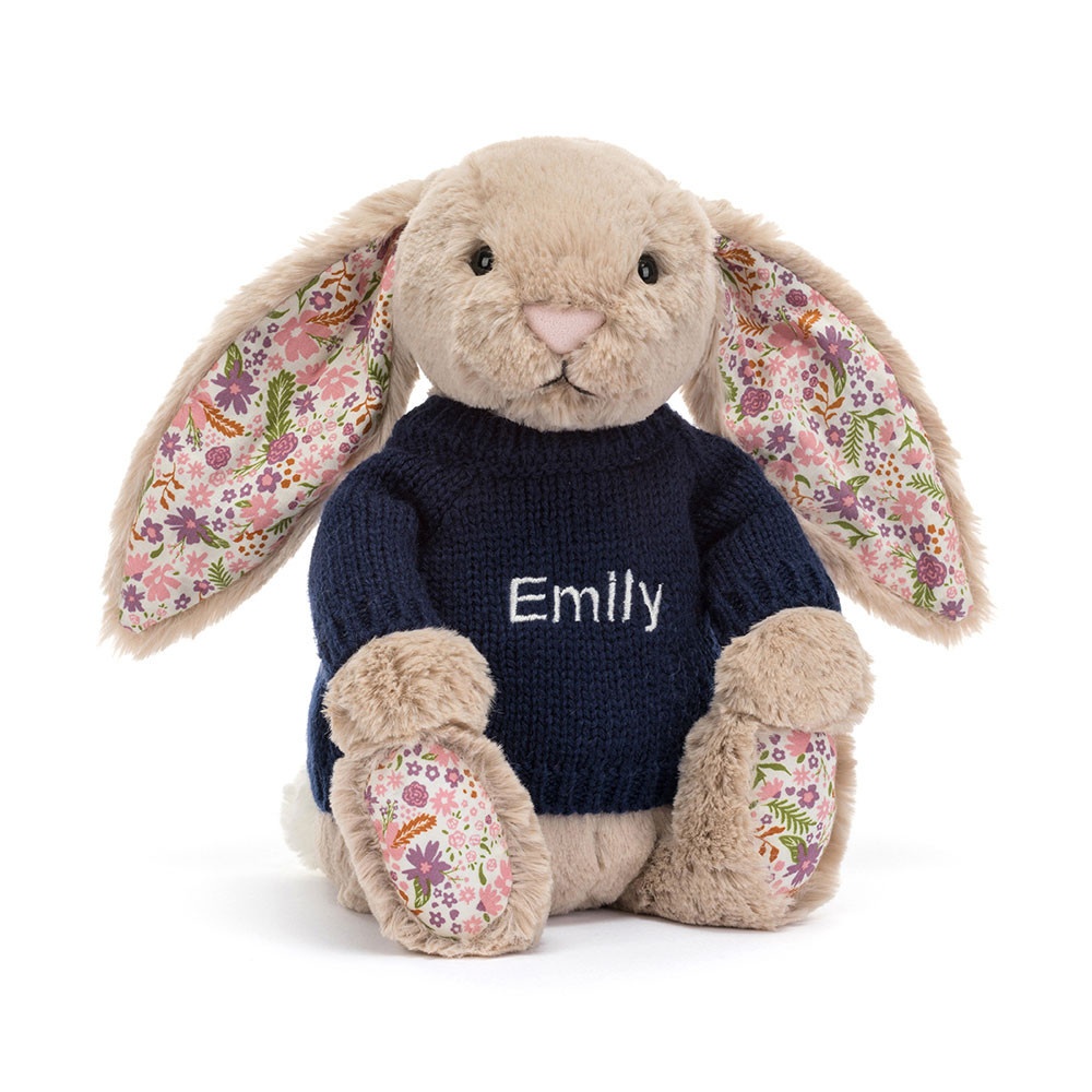 Blossom Beige Bunny 'Petal' with Personalised Navy Jumper