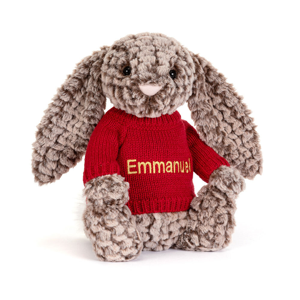 Bashful Luxe Bunny Pine with Personalised Red Jumper