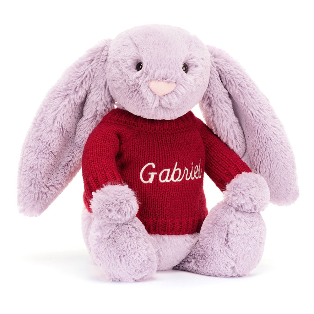 Bashful Lilac Bunny with Personalised Red Jumper