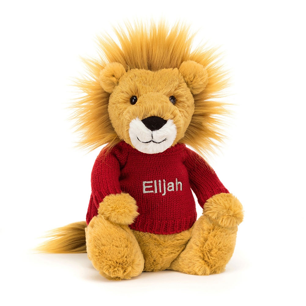 Bashful Lion with Personalised Red Jumper