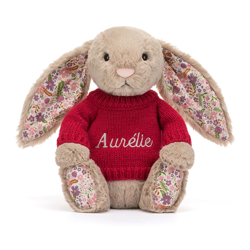 Blossom Beige Bunny 'Petal' with Personalised Red Jumper - Image 5
