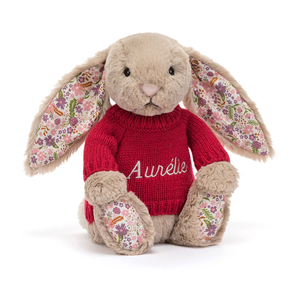 Blossom Beige Bunny 'Petal' with Personalised Red Jumper